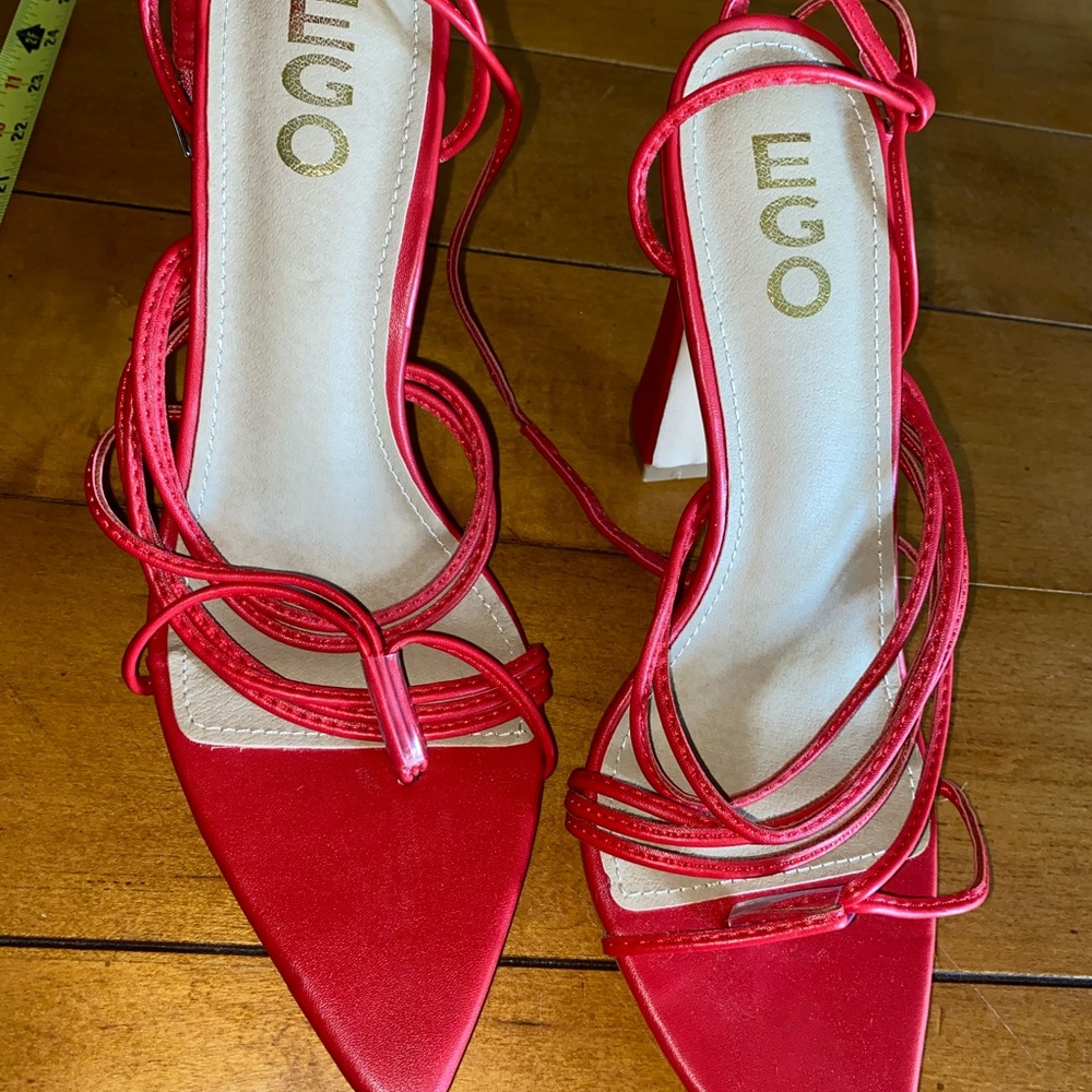 Pointed-Open Toe Strappy Red Block Chunk Heel - image 7